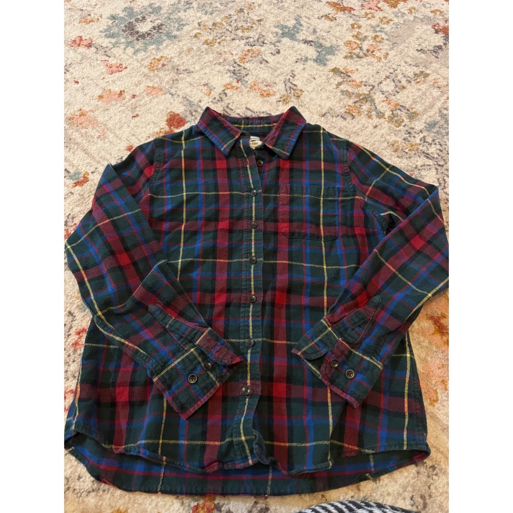 LL Bean Slightly Fitted Plaid Flannel Shirt Green Red Blue Womens Small Petite